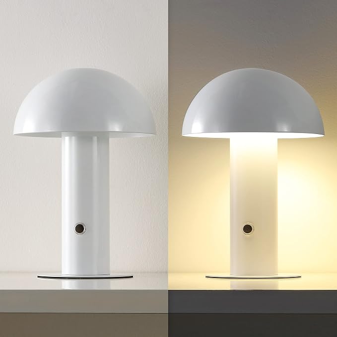 JONATHAN Y 10.75" White Rechargeable LED Mushroom Table Lamp, Cordless Portable Bedside Lamp for Living Room Bedroom, 3-Way Dimmable Modern Iron Desk Light, Metal Shade (JYL7115B)