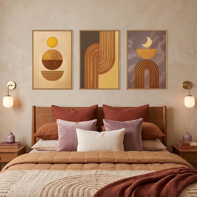 Large Boho Woodcut Framed Canvas Wall Art,Mid Century Modern Wall Decor,Abstract Geometric Brown Art Prints,Bohemian Sun and Moon Artwork for Living Room,Bedroom,Office -16"x24"x3