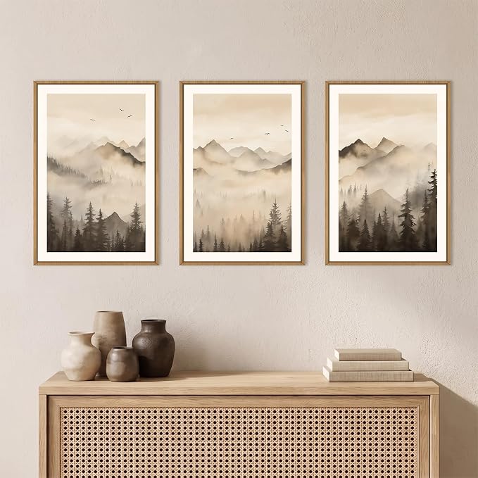 Nature Misty Forest Framed Canvas Wall Art Set, Foggy Landscape Wall Decor, Watercolor Pine Tree Wall Painting, Large Mountains Art Print for Living Room, Bedroom, Office - 24"X36"X3