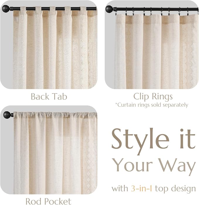 jinchan Boho Curtains Linen Blend Ivory Farmhouse Curtains 96 Inches Long for Living Room Square Embroidered Bordered Back Tab Bedroom Window Light Filtering Bohemian Drapes 2 Panels