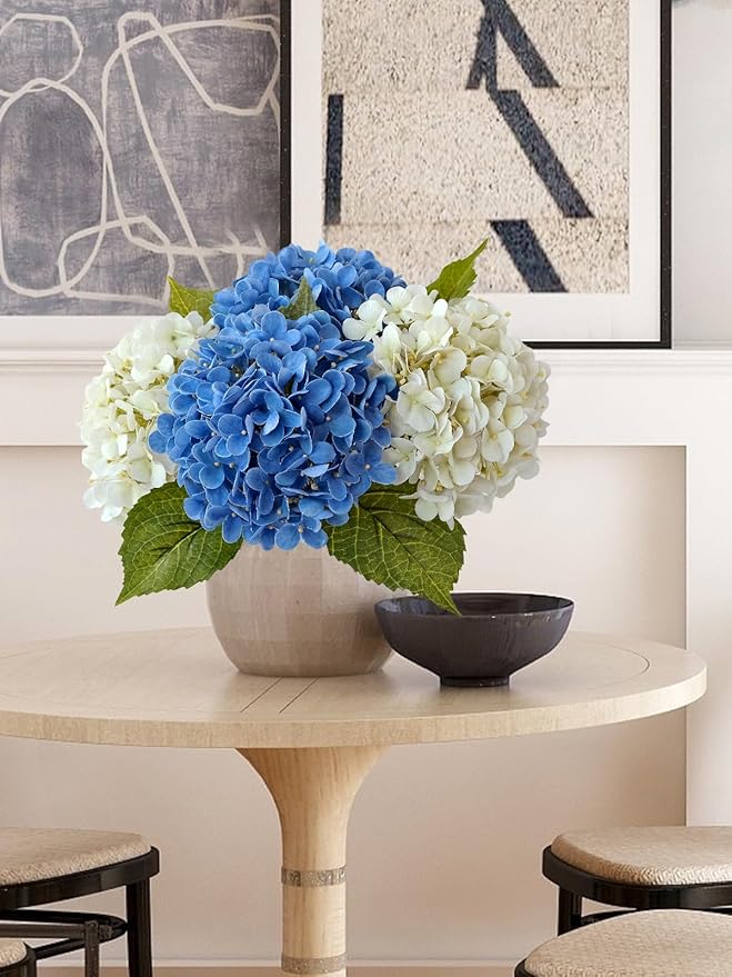 ZYTUYO 4 Pcs 20'' Real Touch Hydrangea Artificial Flowers Boho Lifelike Real Looking Latex Hydrangeas Flower with Long Stem for Baby Shower Indoor Home Decor Spring Table Centrepiece 2 Blue 2 White