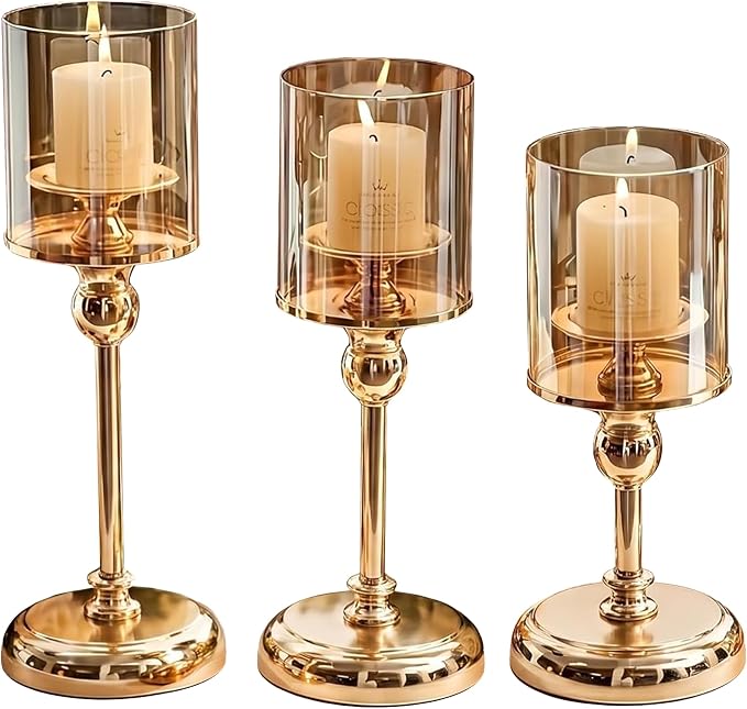 Gold Hurricane Candle Holders - Set of 3 Tall Candlestick Holders Windproof Taper Candle Holders, Metal Stand for Table Centerpiece Outdoor Indoor Wedding Party Holiday Decor