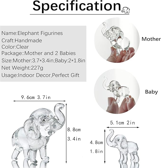 HDCRYSTALGIFTS Set of 3, Crystal Elephant Figurines Collectible Lucky Glass Animals Paperweight Ornament Home Decor Table Centerpiece Gift (3.5'' Mother and 2'' Two Babies)