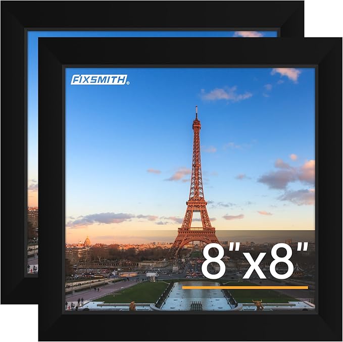 FIXSMITH 8x8 Picture Frames Set of 2, Photo Frame with HD Plexiglass, Display Pictures 4x4 with Mat or 8x8 Without Mat Multi Picture Frames Collage for Tabletop or Wall Display, Black