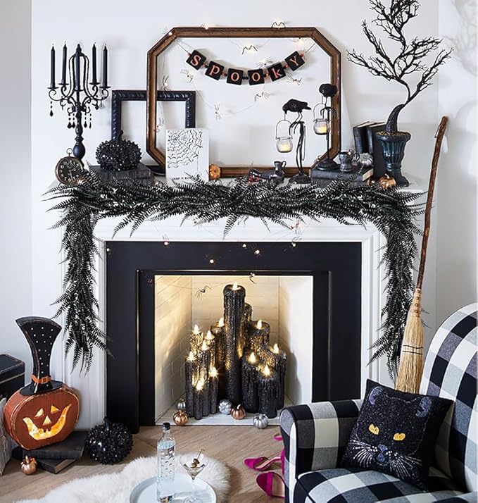 RECUTMS 2pcs Black Garland Artificial Hanging Plants 6 FT Boston Black Faux Ferns Garland Halloween Thanksgiving Party Outdoor Indoor Decor for Home