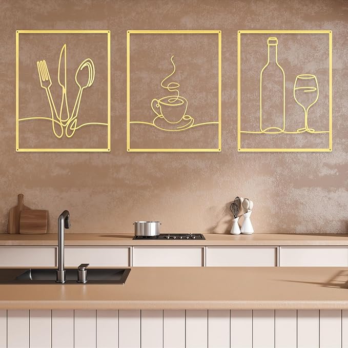 Otoolling 3 Pieces Metal Minimalist Line Kitchen Signs Wall Decor Drawing Rustic Kitchen Wall Art for Dining Living Room Home, 14 x 11 Inches(Dining Room,Gold)