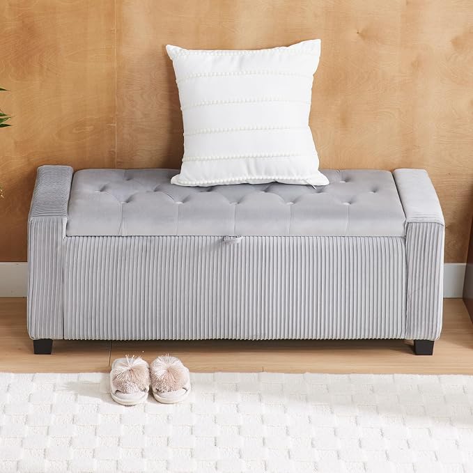 43" Ottoman Bench with Storage for Bedroom, Comfort Upholstered End of Bed Storage Bench with Safety Hinges, Sturdy Wooden Footstool & Shoe Bench for Living Room, Entryway (Grey)