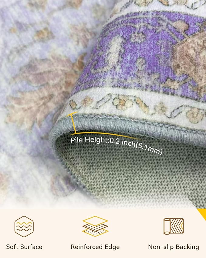 RELEANY Area Rugs 4'x6' Washable Non-Slip, Floral Vintage Distress Print Pattern Medallion Carpet for Living Room Bedroom Dining Room, Light Purple Brown