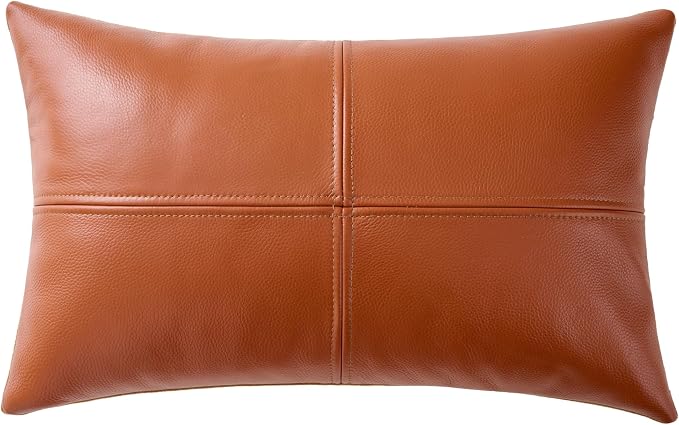 Full Grain Leather Lumbar Pillow Cover (14" x 22") (Brownish Orange) | Cowhide Sofa Cushion Case Thick Genuine Leather Throw Pillow for Living Room Bedroom and Home Office, Pack of 1, Cover Only