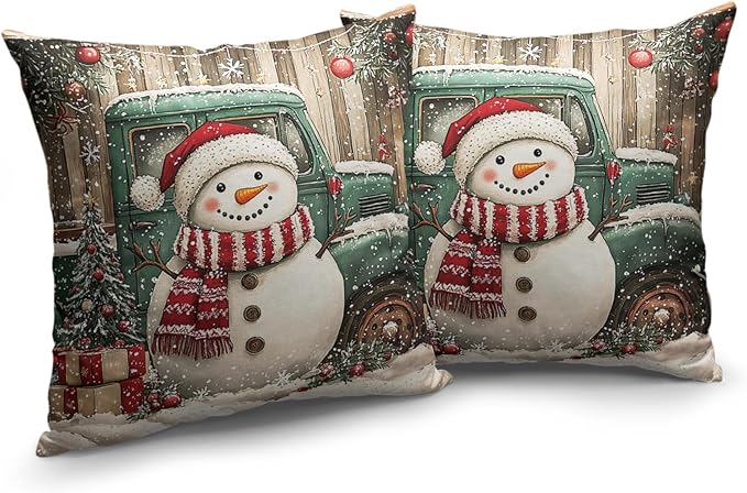 Christmas Snowman Pillow Covers 16x16 Set of 2 Green Xmas Truck Throw Pillow Covers Wooden Pattern Background Pillowcase Winter Holiday Cushion Case for Living Room Sofa Couch