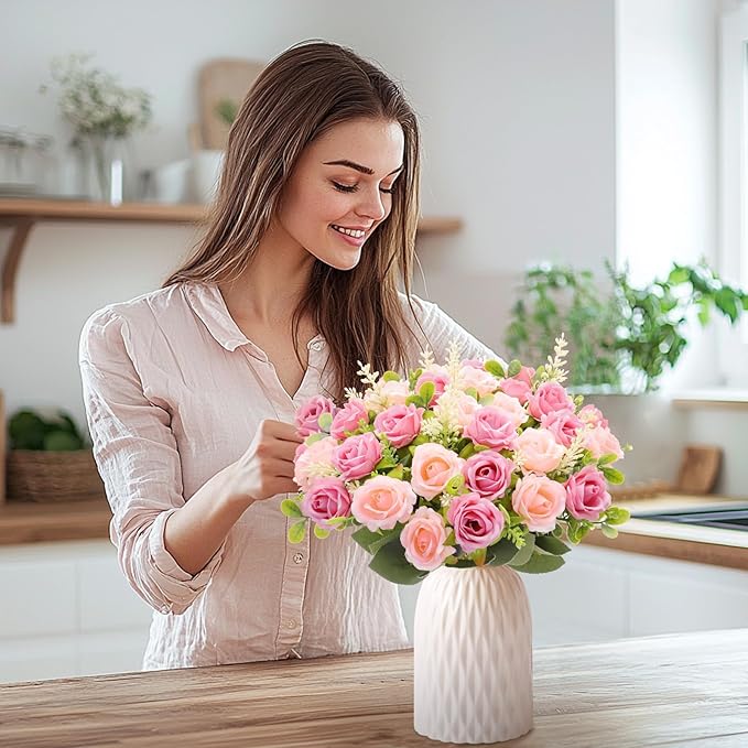 TURNMEON 40 Heads Fake Roses Artificial Flowers for Outdoors Summer Decor, 4 Bouquets UV Resistant Fake Flower Bouquet Faux Silk Roses for Wedding Birthday Party Home Mother's Day Cemetery Decor(Pink)