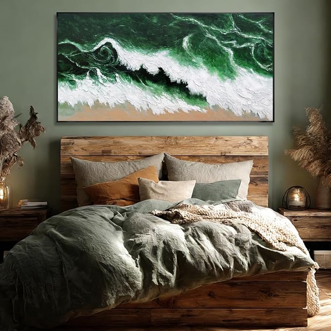 Large Framed Canvas Print Wall Art Abstract Green Wave Nature White Textured Modern Minimalist Art Canvas Wall Decor Living Room 24"x48"