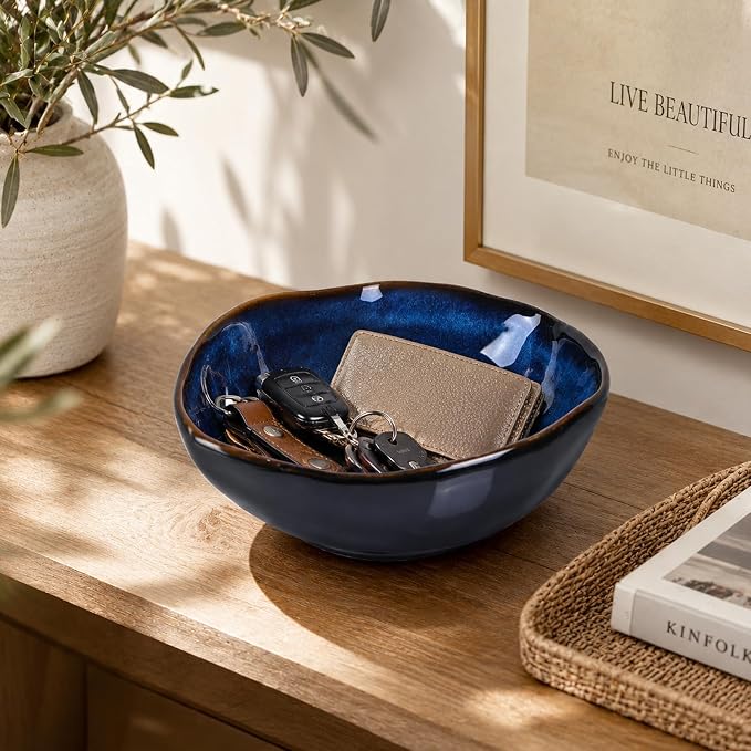 8" Blue Ceramic Decorative Bowl, Ceramic Fruit Bowl, Key Bowl for Entryway Table, Candy Dishes, Fruit Bowl for Kitchen Counter, Blue Small Jewelry Trinket Dish for Bedroom, Bedside Table, Living Room