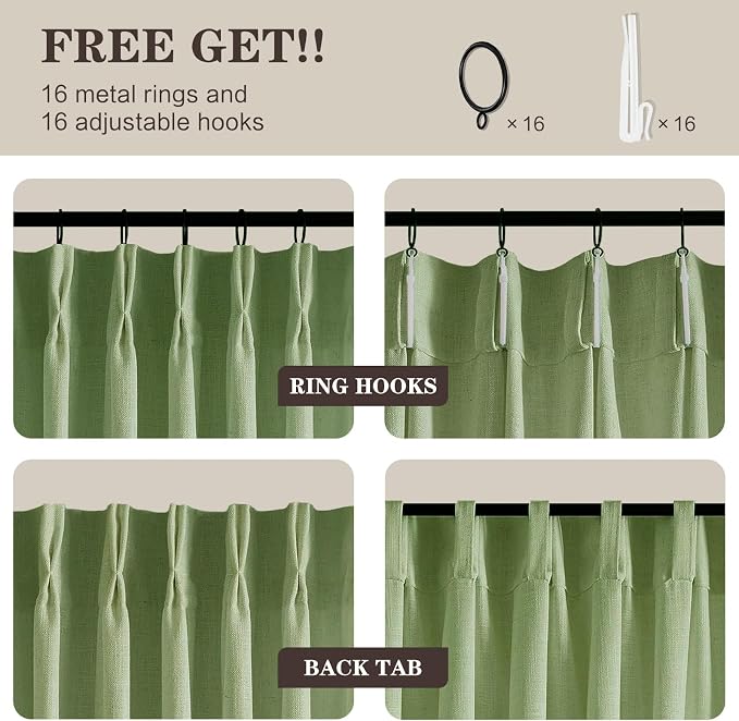 Sage Green 90 Inch Curtains Pinch Pleated Linen Curtain for Living Room, Light Filtering Pleat Drapes Textured Thick Ceiling Boho Semi-Sheer Curtain with Hooks for Farmhouse Study Room, 2 Panels