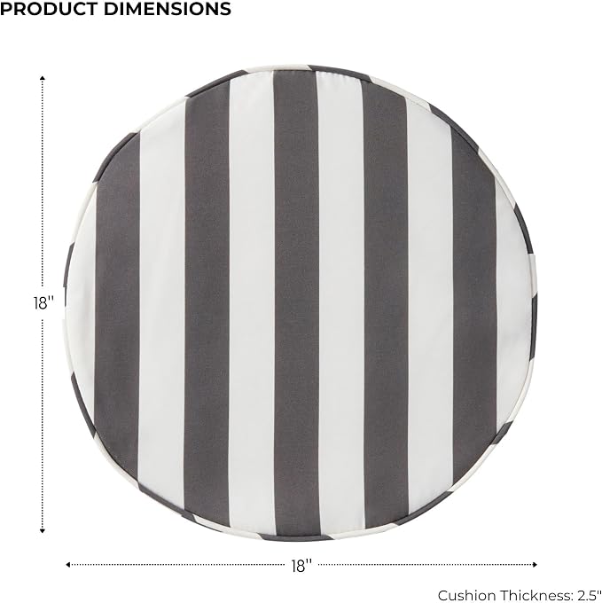 Set of 2 Outdoor 18 inch Round Patio Dining Chair Pads – Comfortable Fiber-Filled Seat Cushions with Ties, Reversible Polyester Fabric, Canopy Stripe Gray