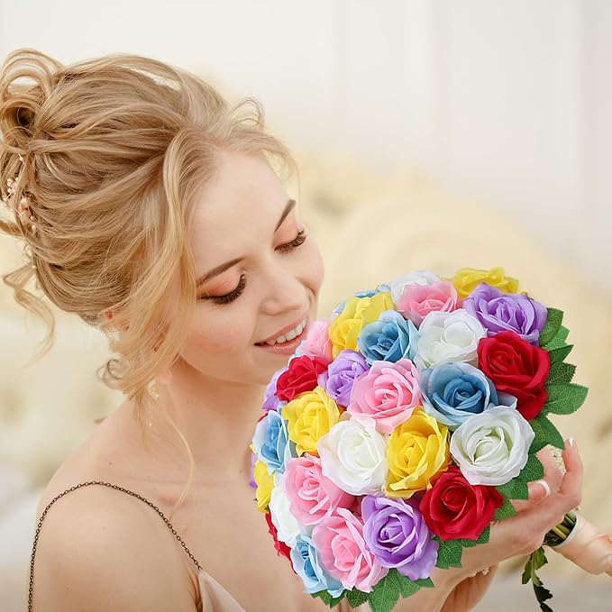 36 Pcs Mixed 6 Color Artificial Roses with Long Stems, Fake Silk Rose Artificial Flowers Bulk for Bridal Wedding Bouquet Centerpiece Ball Arrangement Party Decor