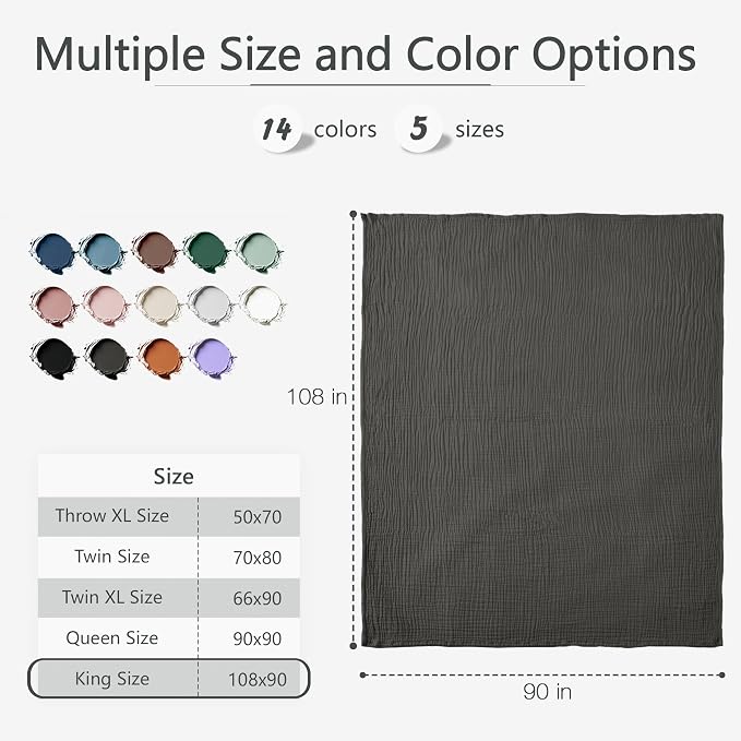 Carriediosa 100% Cotton Muslin Throw Blanket 108" X 90" King Size，4-Layers Summer Gauze Throws for Bed Couch，Soft Lightweight Breathable Linen Blankets Bedspread for Adults All Season，Dark Gery