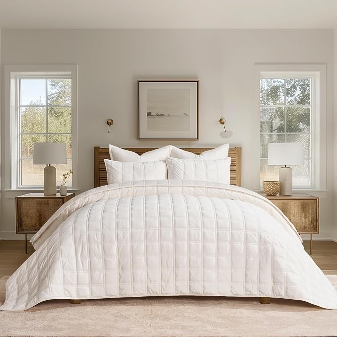 EverGrace 3 Pieces Luxurious Velvet Quilt Queen Size, Ultra Soft Bedspread Coverlet Set, Double Box Stitch Lightweight Velvet Comforter for All Season with 2 Shams, Cream White, 92"x96"