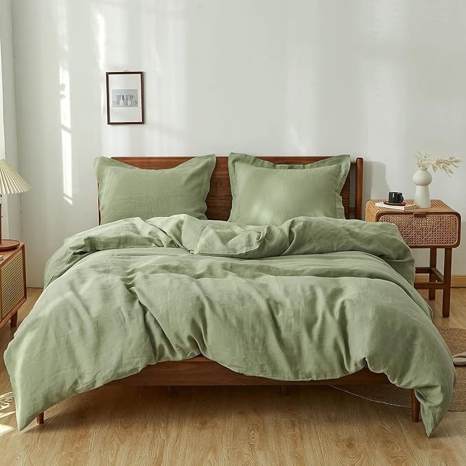 Simple&Opulence 100% Linen Duvet Cover Set 3pcs Natural French Basic Style Washed Flax Solid Color Breathable Soft Farmhouse Bedding with Button Closure (Sage Green, Full)
