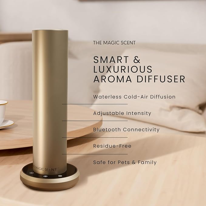 The Magic Scent Bluetooth Diffuser - Smart Ultra-Quiet Cold-Air Waterless Scent Diffuser for Home, Hotel, & Office - Programmable Intensity & Timer - Premium Aroma Oil Included (Gold)