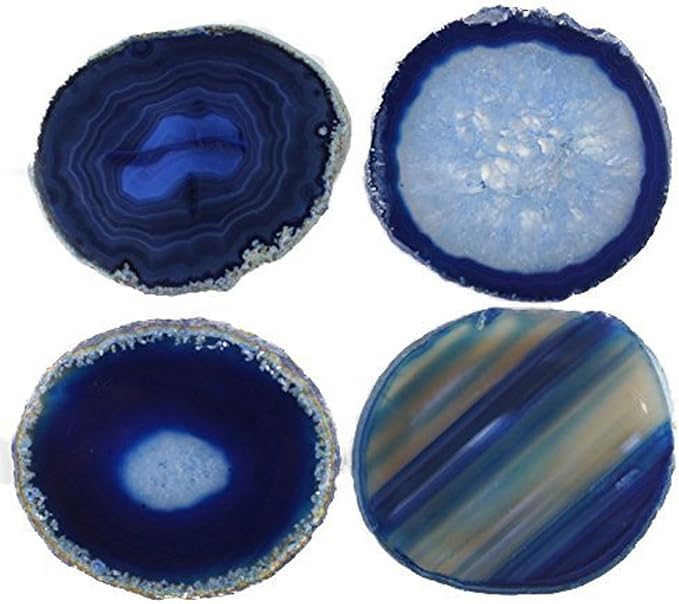 JIC Gem 3.5-4'' Dyed Blue Color Sliced Brazilian Agate Coasters Polished Natural Geode with Rubber Bumpers for Small Size Cup Home Decoration Set of 4