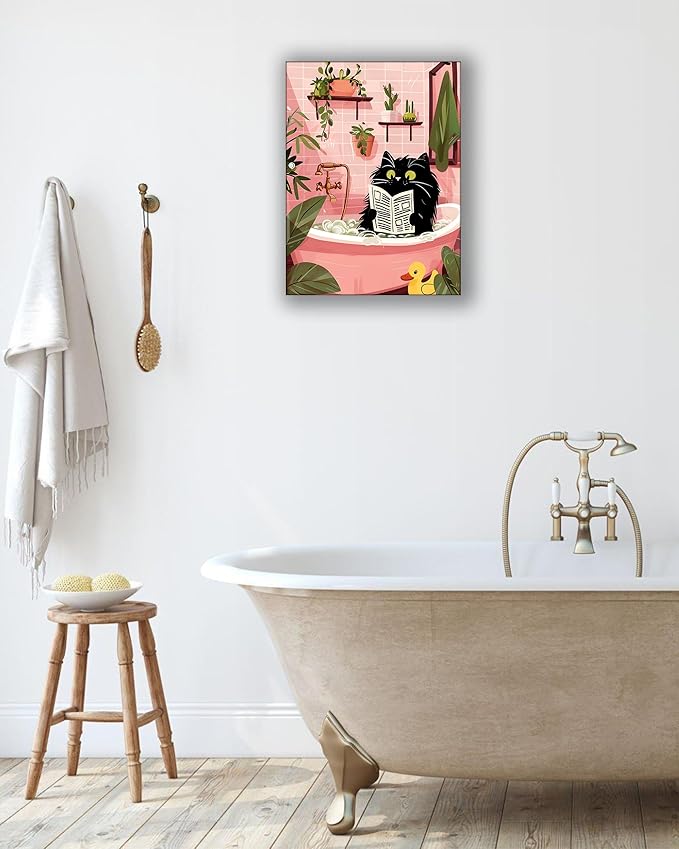 UPWOIGH Cute Black Cat Bathtub Bathroom Wall Art, Cat Reading Newspaper Poster, Pink Bathroom Decor with Plants, Wood Framed Canvas 12x16 Inch