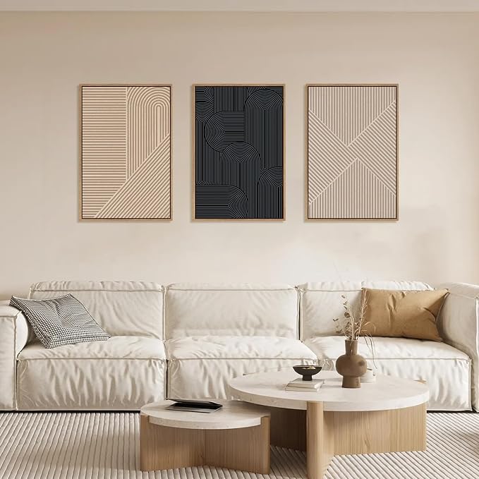 LHIUEM Large Abstract Textured Line Framed Canvas Wall Art,Boho Beige Black Wall Decor,Modern Neutral Minimalist Art Painting Painting for Living Room,Bedroom,Dining Room,Office -16"x24"x3