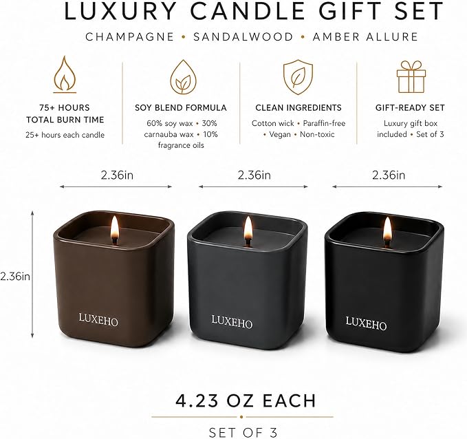 Luxury Scented Candle Set 3-Pack | Home Decor & Giftable Soy Candles | Champagne, Sandalwood & Amber | 75h Burn Time | Cotton Wick | Elegant Decorative Jars