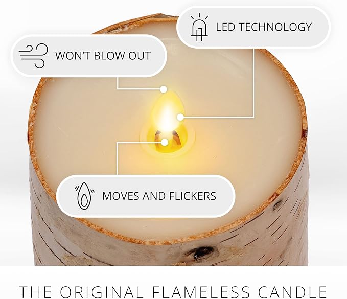 Luminara Real Birch Bark Wrapped Flameless LED Candle, 4" x 5.3", Battery Operated Moving Flame Pillar Light with Timer - Natural Decor Unscented