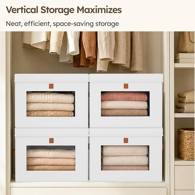 Homsorout Storage Bins with Lids - Front Opening Storage Box with Clear Window & Handles, Stackable Foldable Fabric Bins for Closet Organization, Clothes, Sweaters, Towels, Blankets, 3 Pack, White