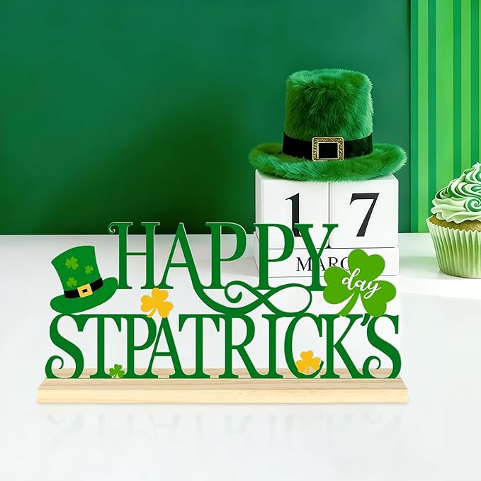 Metal Happy St. Patrick’s Day Table Sign, St. Patrick’s Day Tabletop Decoration with Wood Base, Green Shamrock Holiday Centerpiece Sign Decor for Home, Office, Shelf, Mantel Party Supplies（Patrick.A）