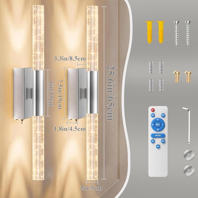 camuucci Battery Operated Wall Sconces Set of 2 Rechargeable Battery Powered Wall Light with 12000mAh Not Hardwired Dimmable Wall Lamp Fixtures for Bedroom Living Room Silver 25.6 Inches