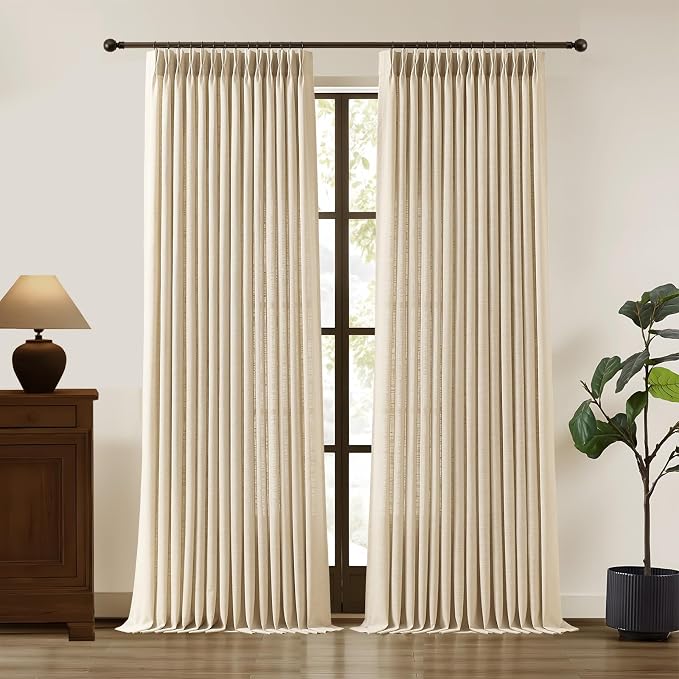 Pinch Pleated Linen Curtains 96 Inches Long for Living Room, Sand Beige Light Filtering Pleat Drapes Textured Thick Ceiling Semi-Sheer Window Curtain with Hooks for Bedroom Farmhouse, 2 Panels