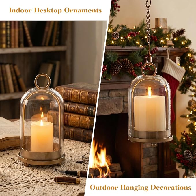 15"&9"&7" Hurricane Glass Candle Holders Set of 3, Metal Candle Holder with Handmade Glass Dome in Brass, Hanging Versatile Hurricane Glass Candle Holders for Pillar Candles (Candles Not Including)