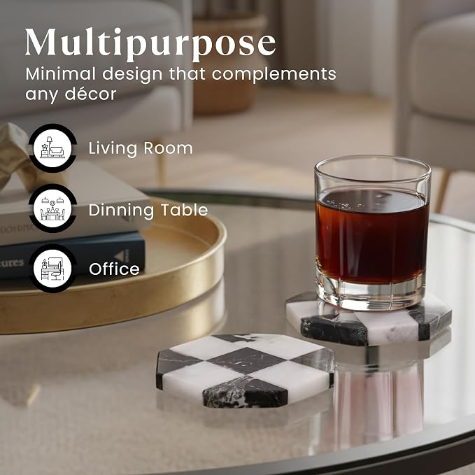 Marble Coasters Set of 4, Zebra Black & White Handmade 4 inch Star Checkered Stone Coaster, Drink Coasters for Living Room, Trendy Office Desk Accessories & Home Décor
