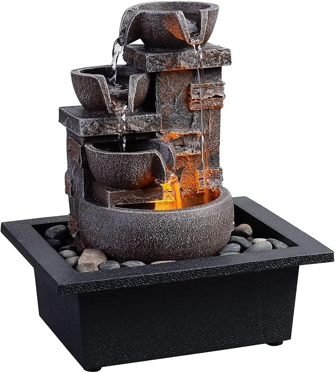 Kalona Décor Desktop Fountain - 10" 4-Tier Design with Imitation Stone, Indoor Waterfall Tabletop River Rocks & Resin Material for Serene Meditation & Relaxation - Ideal for Home & Office Decor