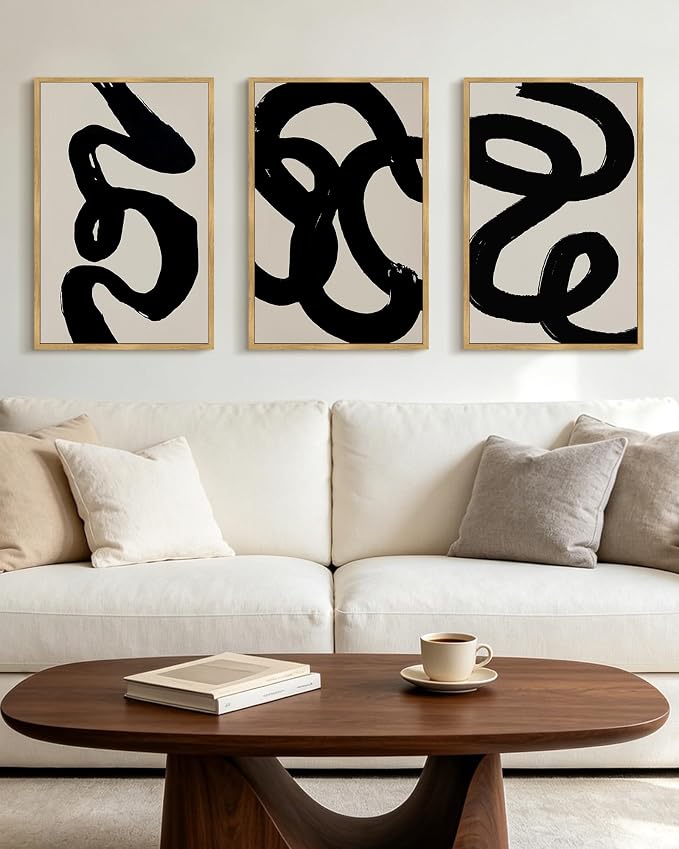 PHOPAGO Black Abstract Modern Framed Wall Art Large 16x24in Ink Wash Minimalist Thick Black Lines Paints Artwork Bedroom Living Room Home Decor - Natural Framed