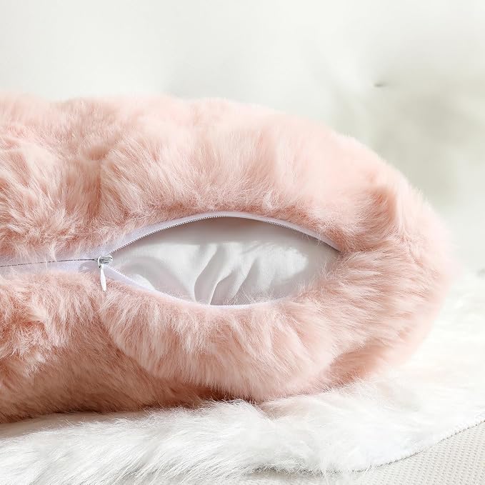 linmopm Super Soft Fluffy Faux Fur Sheepskin Rugs 2x6 ft Sheepskin, White+Faux Rabbit Fur Bubbles Pack of 2 Throw Pillow Covers Pink 18x18 Inch