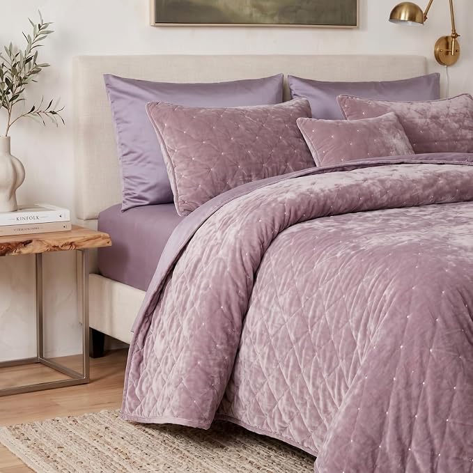Tache Velvet Quilt Set Queen Size Luxurious Velveteen Velour Super Soft Plush Warm Cozy Diamond Tufted Polka Dot Quilted Coverlet Light Purple Mauve Bedspread Set, Queen