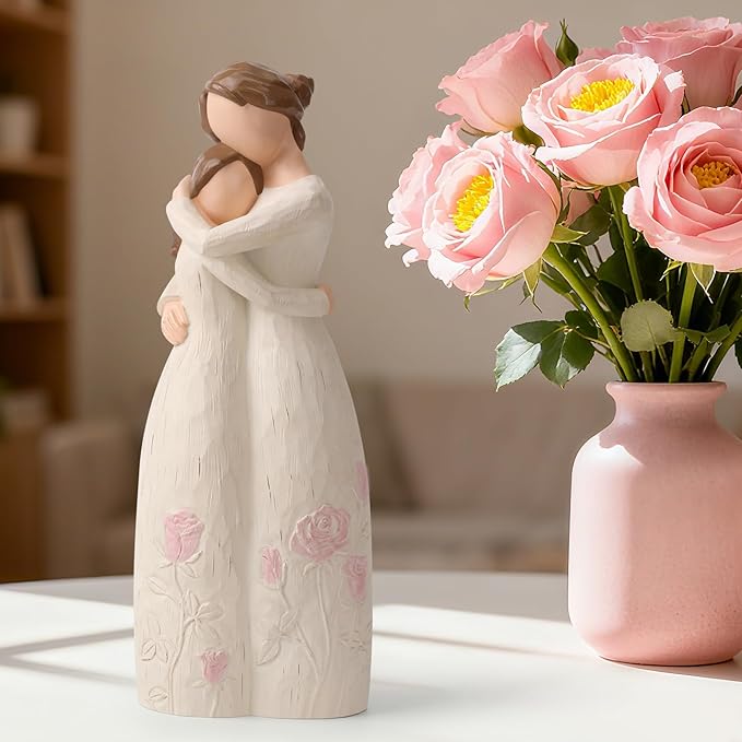 Mother and Daughter Hug Resin Figurine – Mom Birthday Gifts from Daughter, Gifts for mom – Handcrafted Blush Rose Relief Keepsake Home Decor