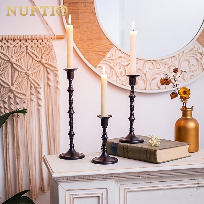NUPTIO Candle Stick Holders for Centerpeice: Set of 6 Matte Black Taper Candlestick Holders - Bulk Antique Tall Candleholder for Easter Shabbat Table Fireplace Decor