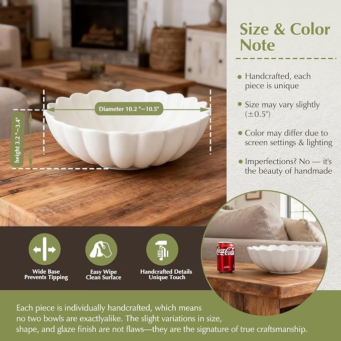 10.5” Large Ruffle Scalloped Fluted Bowl for Kitchen Counter, White Ceramic Flower Shaped Decorative Bowl , Versatile bowl with scalloped edgel for Entryway Key, Neutral Home Decor Centerpiece Bowl