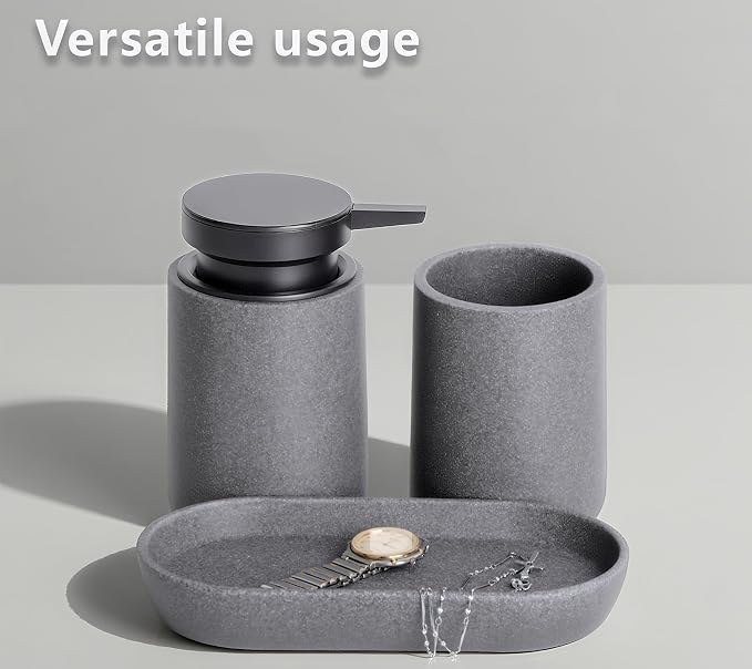 Clasin Home 3 Pcs Bathroom Accessories Set, Liquid Soap Dispenser with Large Pump, Toothbrush Holder Cup and Soap Dish, Sandstone Texture Bathroom Counter Set for Modern Home (Gray)