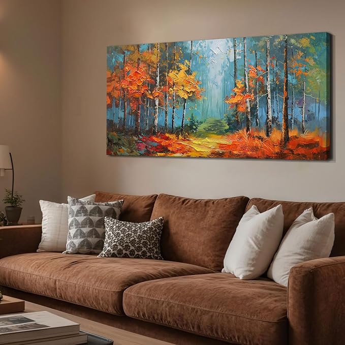 Arjun Nature Wall Art Landcape Canvas Forest Painting, Textured Reddish Forest Framed Artwork, Extra Large Picture Living Room Bedroom Dining Room Kitchen Home Office Wall Decor 58"x29"