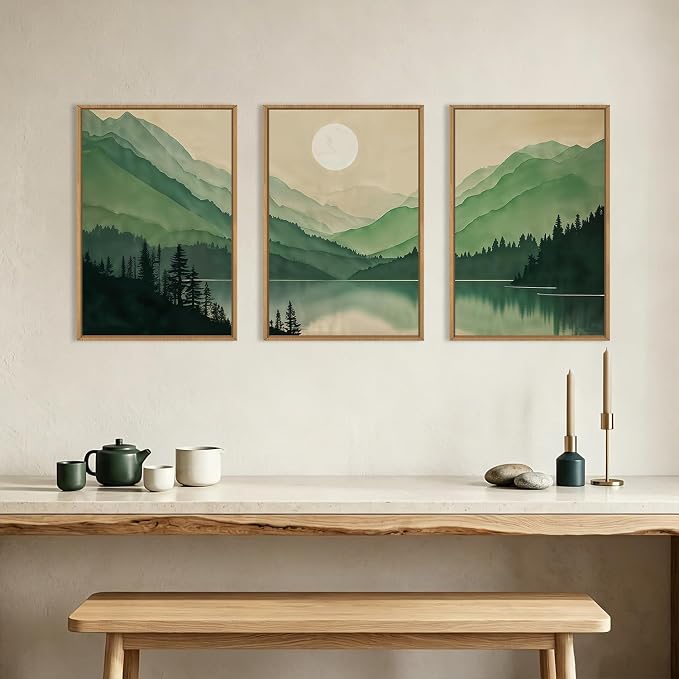 Green Boho Mountain Framed Canvas Wall Art Set, Watercolor Modern Forest Sun Wall Decor,Natural Abstract Lake Landscape Artwork for Living Room,Bedroom,Dining Room,Office-24 x36 x3