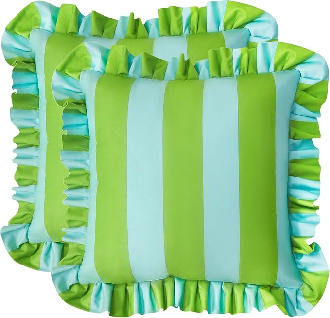 MONDAY MOOSE Decorative Throw Pillow Covers, Set of 2 Water-Resistant Striped Design with Ruffle Edge for Outdoor/Indoor Use, Pillow Inserts Not Included (18x18 inch, Light Green/Light Blue)