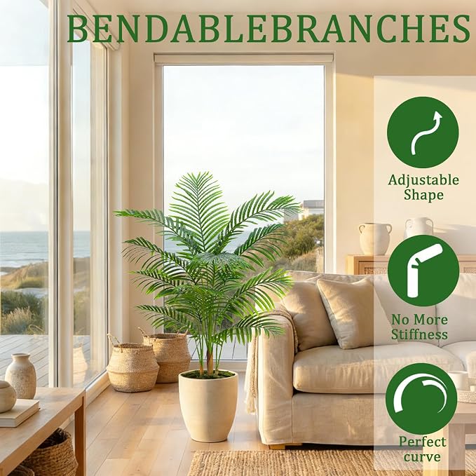 2 Pack Artificial Palm Tree Indoor Plant 4FT Tall Fake Tropical Palm Tree in Pot, Real Bark Design Faux Areca Palm Tree for Home Office Living Room Bedroom Farmhouse Modern Outdoor Topiary Tree
