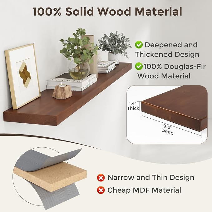 Axeman 55 Inch Floating Shelves for Wall, 9.3" Deep High End Solid Real Wood Wall Shelves with Heavy Duty Invisible Bracket for Living Room, Bedroom, Kitchen, Bathroom, Set of 1, Walnut Finish