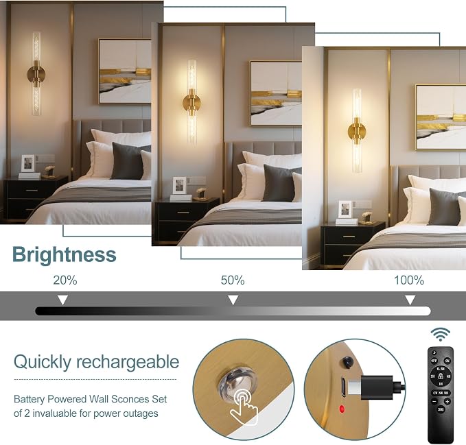 Battery Operated Wall Sconces, Wall Sconce Set of 2, 3000K-6500K Gold Rechargeable Wall Lamp with Remote, Indoor Non-Hardwired Wall Sconce, Modern Vanity Light for Bedroom, Living Room, Aisle