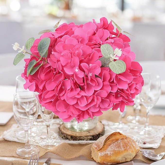 AVIVIHO 65pcs Fake Flowers Hot Pink Hydrangea Artificial Flowers Bulk (Not Squished, No Steaming Need) Silk Flowers with Stems for Wedding Decor,Home,Baby Shower,Table Centerpieces Decoration